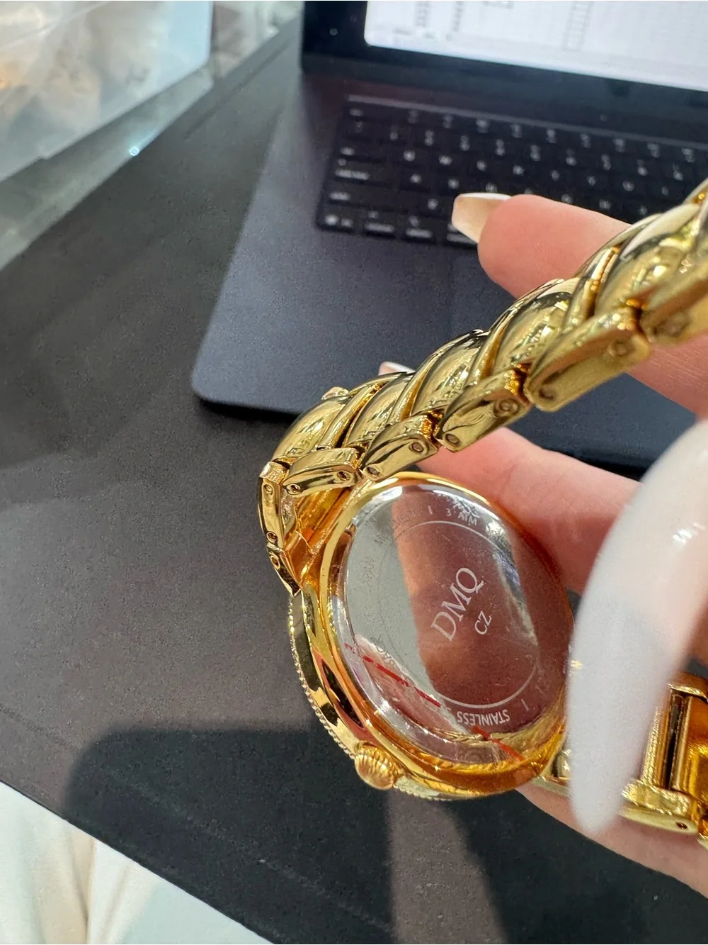 New DMQ Women’s Gold-Tone Round Dress Watch w/ Swirl Dial, Crystal Bezel